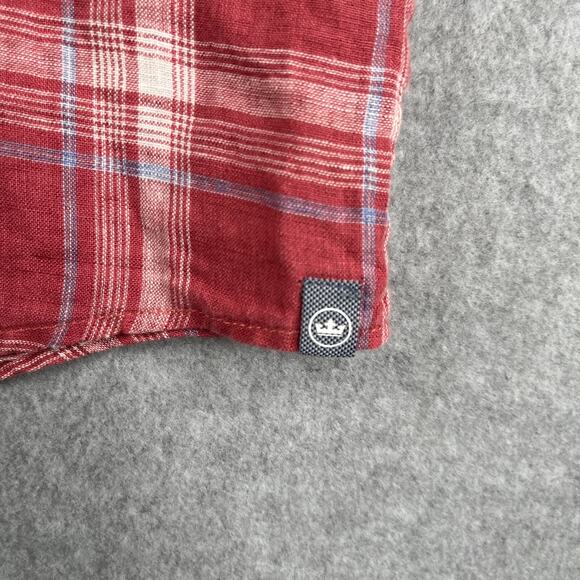Peter Millar Linen Shirt Large Red Check Casual Button Up Short Sleeve Mens - Picture 2 of 10